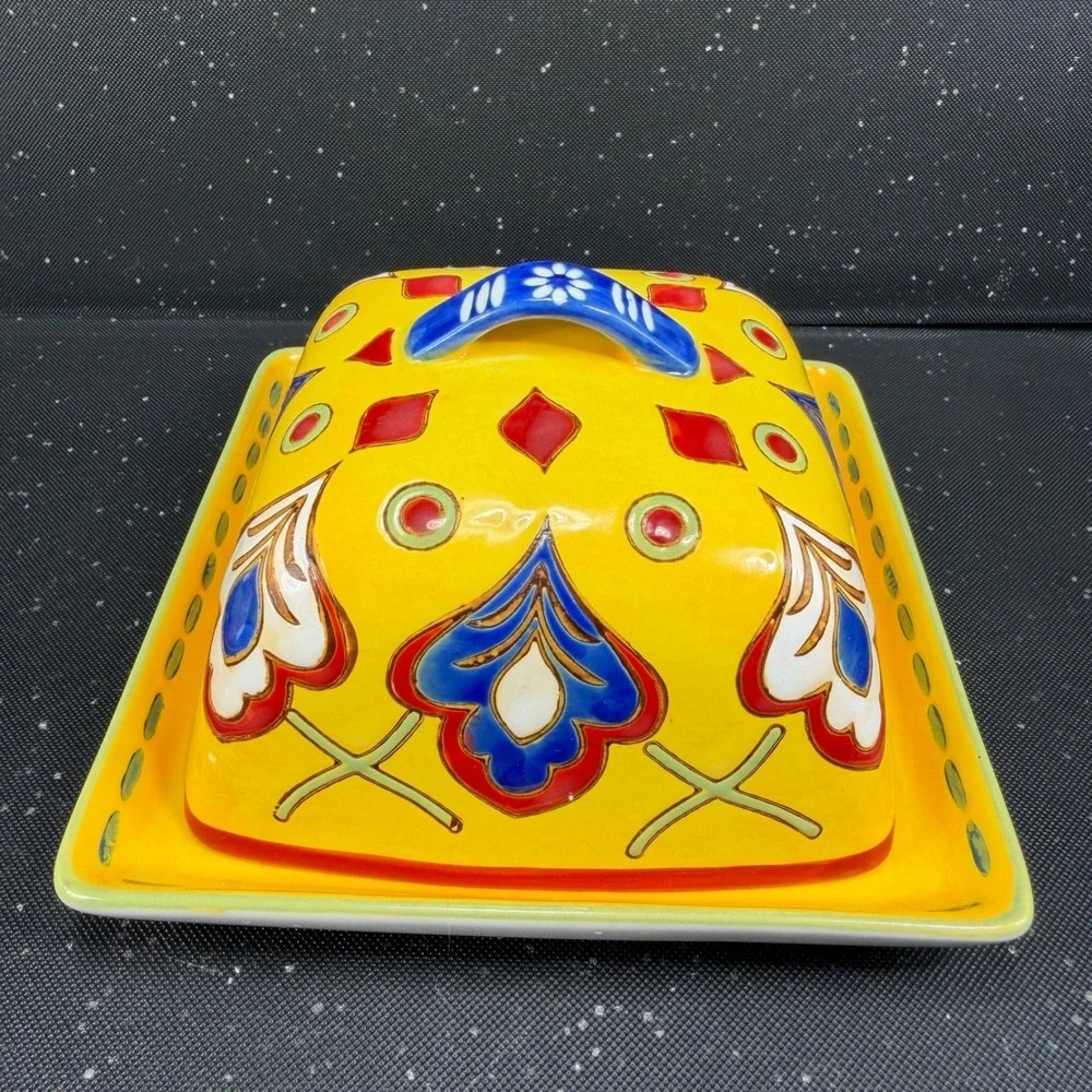 Dutch Wax Coastline Imports Handpainted Ceramic Butter Dish Cheese Container